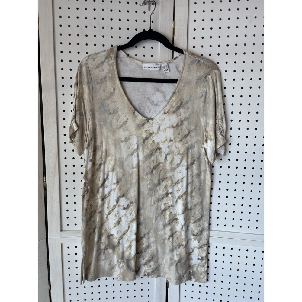 Susan Graver Short SLV V Neck Tee Beige Gray‎ Women's M Rayon Stretch